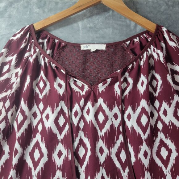Jolt Womens Small Peasant Blouse Burgundy White Ikat Print Boho 3/4 Sleeve - Picture 5 of 10